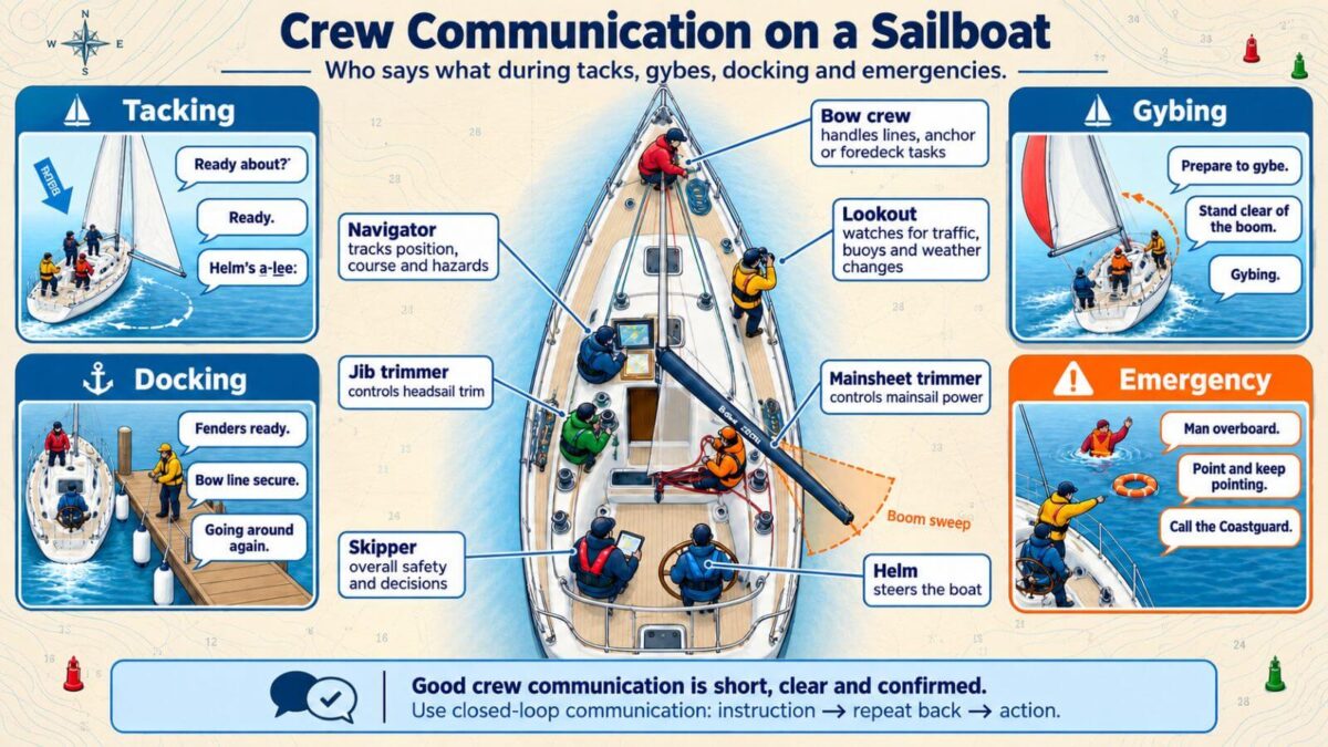 Infographic showing crew communication roles on a sailing yacht, including skipper, helm, navigator, lookout, trimmers and bow crew