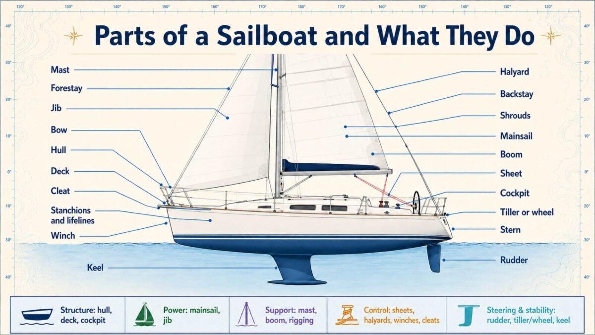 Labelled diagram with parts of a sailboat showing hull, bow, stern, keel, rudder, mast, boom, mainsail, jib, cockpit and deck