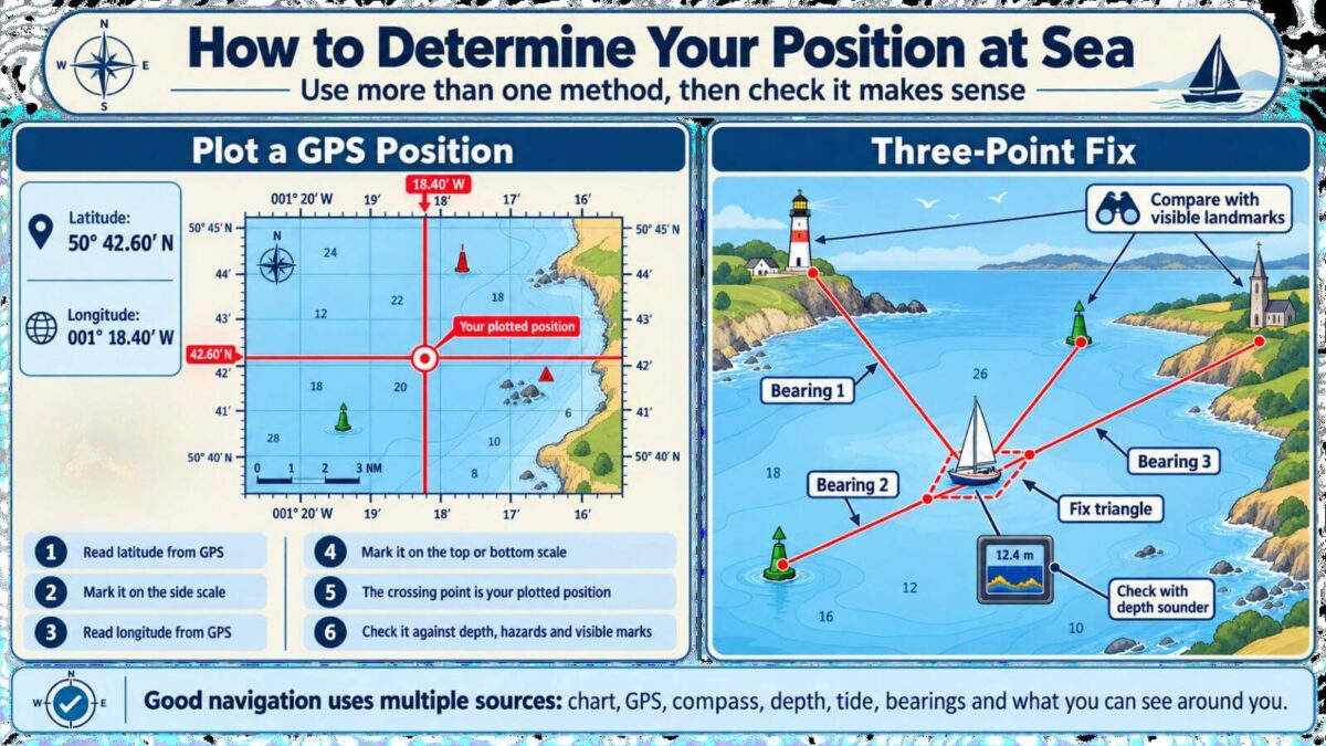 Infographic showing how to plot a GPS position and use a three-point fix with bearings on a nautical chart