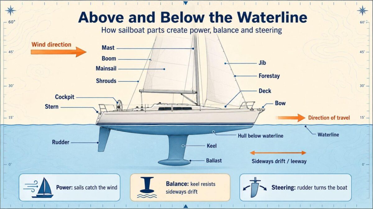 Diagram showing sailboat parts above and below the waterline including mast, sails, hull, keel, centreboard and rudder