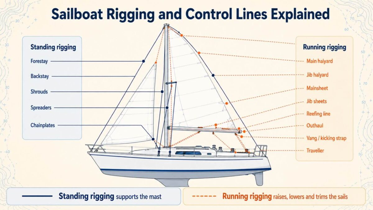 Diagram showing sailboat rigging and control lines including forestay, shrouds, halyards, sheets, mainsheet and vang