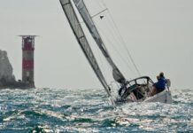 Planning a Sailing Weekend in the Solent Sailing yacht passing the Needles lighthouse off the Isle of Wight.